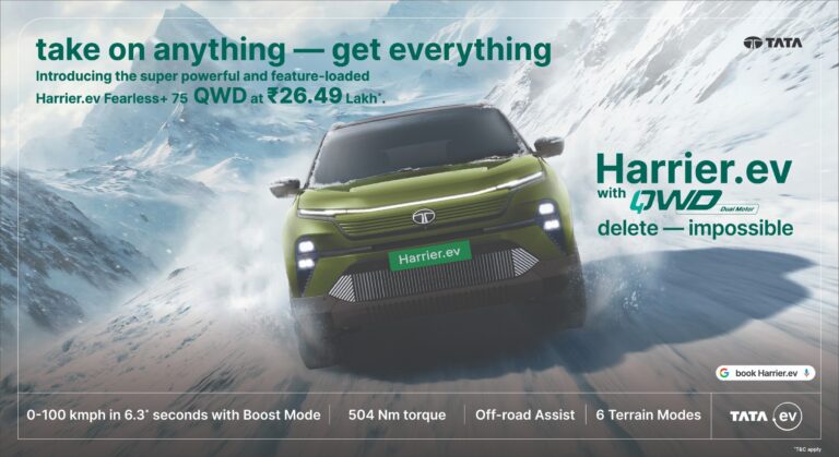 Tata Harrier.ev gets more affordable Quad Wheel Drive variant at ₹26.49 Lakh
